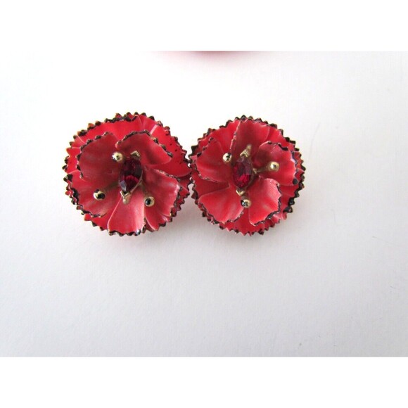 Lisner Red Flower Earrings Brooch Set Enamel Rhinestones Vintage 1950s/60's - Picture 4 of 9